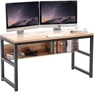 TOPSKY 55" Computer Desk with Bookshelf/Metal Desk Grommet Hole Cable Cover (Natural)