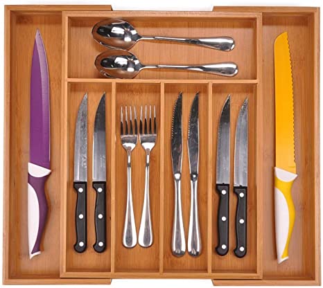 Utoplike Bamboo Cutlery Tray Silverware, Drawer Dividers for Kitchen Utensils, Flatware Tray Drawer Insert for Knives, Gadgets and Garage Tools, Office Supplies, 29.2-45.7 cm x 38 cm x 5 cm