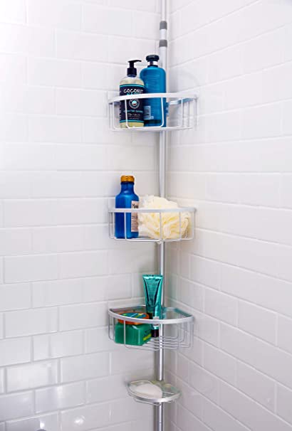 Inspired Living Corner Shelf Organizer Rack: Tension Shower Caddy, Matte Aluminum