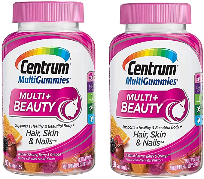 Centrum MultiGummies Multi Beauty Supports a Healthy and Beautiful Body   Hair Skin and Nails in Natural Cherry Berry and Orange Flavors with Other Natural Flavors (90 Gummies) Pack of 2