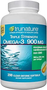 trunature Non GMO Triple Strength Omega-3 900 mg., Total Fish Oil Concentrate 1425 mg - 200 Clear Enteric Softgels