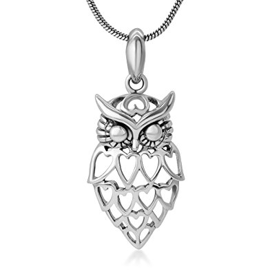 925 Sterling Silver Open Lovely Heart Owl Wisdom Bird Pendant Necklace for Women, 18” Chain