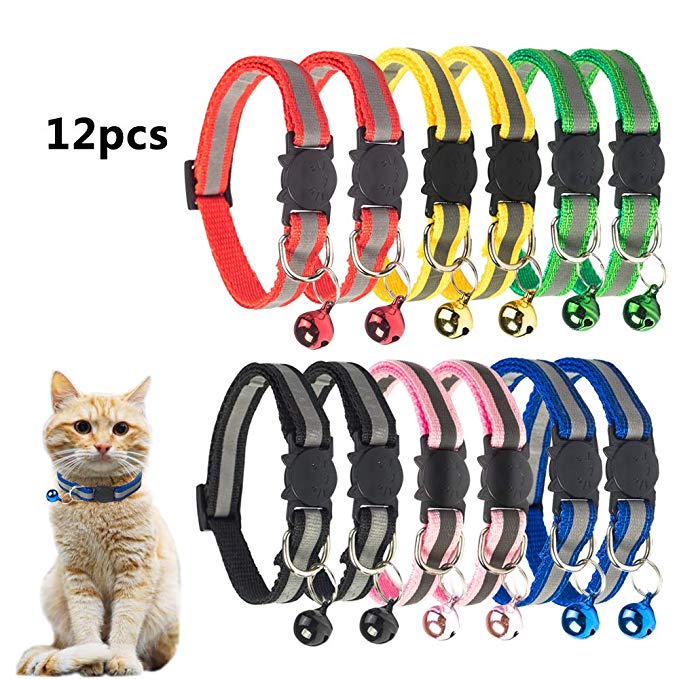 TCBOYING Breakaway Cat Collar with Bell, Mixed Colors Reflective Cat Collars - Ideal Size Safe Pet Collars for Cats or Small Dogs(12pcs/Set)