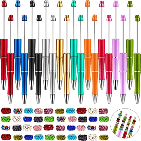 Plastic Beadable Pen Bead Ballpoint Pen Ball Pen for Students Office School Supplies with Mixed Color Rhinestone Beads 10 Colors Large Hole Crystal Beads (20 Pieces)