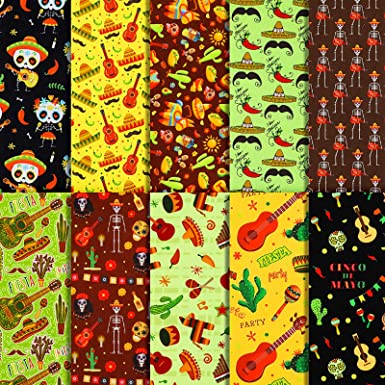 10 Pieces Mexican Fiesta Theme Fabric Cinco de Mayo Fabric Fat Quarters Cactus Guitar Donkey Printed Fabric Squares for Mexican Fiesta Cinco de Mayo Carnival Party DIY Home Decors Bags