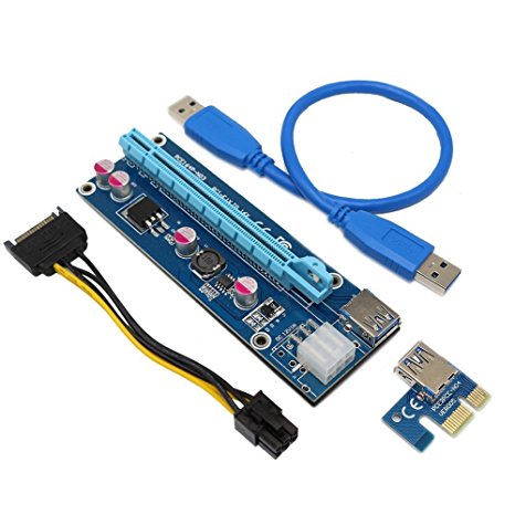 [Bitcoin Mining Dedicated Card ] Dr.meter 1-Pack VER 006C PCI-E 16x to 1x Powered Riser Adapter Card w/ 60cm USB 3.0 Extension Cable & MOLEX to SATA Power Cable GPU Riser Adapter