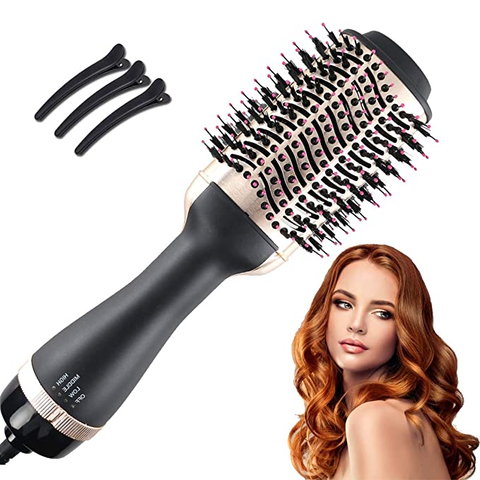 Hot Air Brush, One-Step Hair Dryer and Volumizer, 3-in-1 Upgrade Hair Dryer Brush with 3Pcs Hair Clips, Salon Negative Ion Ceramic Blow Dryer Brush for All Hair Types (Golden)