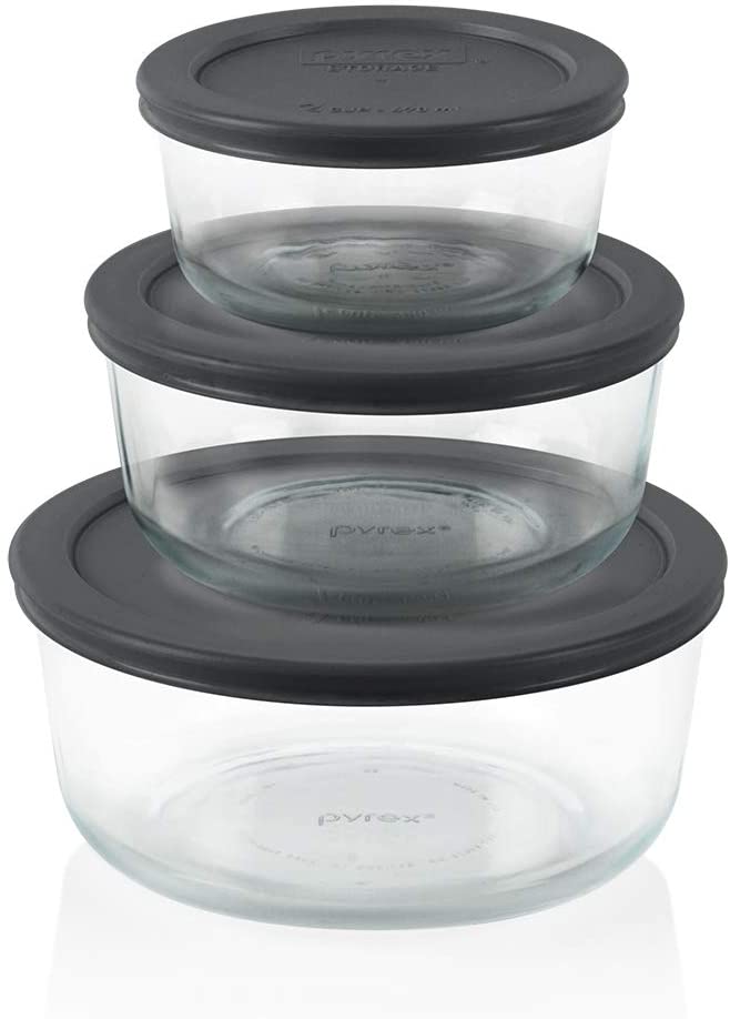 Pyrex Simply Store 6 Piece Round Set (1 x 2 Cup, 1 x 4 Cup, 1 x 7 Cup Round with Grey BPA Free Plastic Lids)