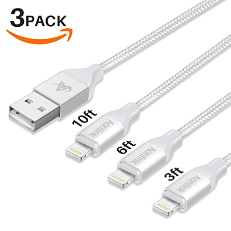 iPhone Charger, Aonlink 3Pack 3FT 6FT 10FT Nylon Braided Lightning to USB iPhone Charger Cable Cord with Aluminum Connector for iPhone 7/7 Plus/6s/6s Plus/6/6Plus/5s/5c/5, iPad/iPod Models-Silver