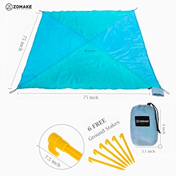 Pocket Blankets,Compact Picnic / Beach Blanket Sheet - XL Extra Large (83 x 83 Inches) for 4 - 6 people with 6 Ground Stakes