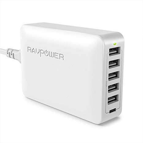 RAVPower USB Type-C 6 Port USB C Wall Charger 5V 3A Fast Charger for MacBook, Galaxy S8 / Note 8, iSmart USB Output for iPhone 8/8 Plus/X and More - White