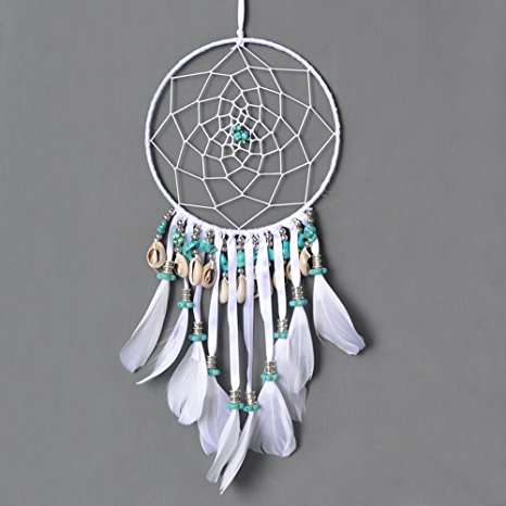 Ricdecor Boho Dream Catcher Handmade shell And Turquoise Pendant White Feather DreamCatcher Wall Hanging Car Hanging Home Decor (Dia 5.9" Boho Style)