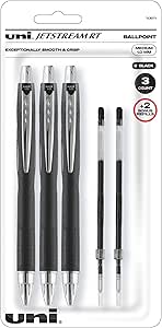 Uni-Ball Jetstream Rt Ball Point Pens Black - Writing Pens Bold Point (1.0mm) - 3 Ink pens With 2 Refills - Smooth Writting Pens Ideal for Left Handed Writers