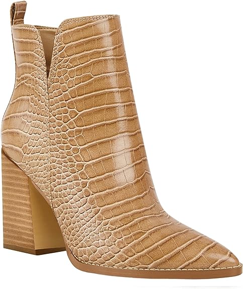 Juliet Holy Women's V Cut Ankle Boots Pointed Toe Stacked Chunky Heel Side Zipper Leather Cutout Western Booties