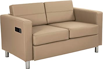 Office Star Atlantic Vinyl Loveseat with Dual Charging Station and Silver Finish Legs, Dillon Buff