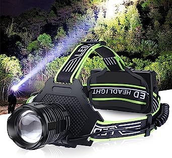 Rechargeable LED Headlamp, 100000 High Lumens Headlamp Super Bright with 5 Modes, IPX7 Waterproof, 90° Adjustable, Zoomable Head Lamp Flashlight for Outdoor Camping, Running, Hiking