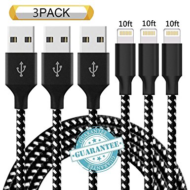 DANTENG Lightning Cable 3Pack 10FT Nylon Braided Certified iPhone Cable USB Cord Charging Charger for Apple iPhone X, 8, 7, 7 Plus, 6, 6s, 6 , 5, 5c, 5s, SE, iPad, iPod Nano, iPod Touch (BlackWhite)