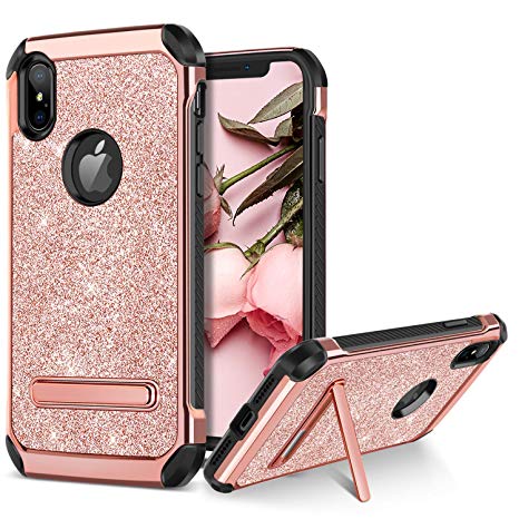 BENTOBEN iPhone Xs Max Case, Kickstand Design Slim 2 in 1 Heavy Duty Shockproof Hybrid Soft TPU Bumper Hard PC Cover with Glitter PU Faux Leather Protective Case for Apple iPhone Xs Max, Rose Gold