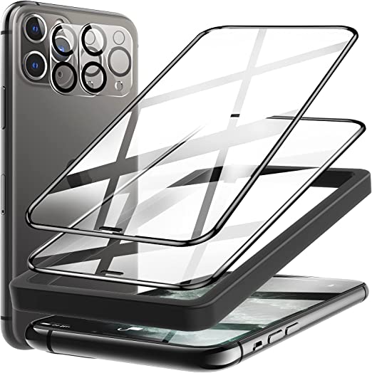 4 Pack LK 2 Pack Screen Protector   2 Pack Camera Lens Protector Compatible with iPhone 11 Pro Max 6.5 inch, 9H Tempered Glass, Full Coverage, Shatterproof, Come with Easy Frame Installation Tray