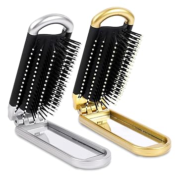 Travel Hair Brush with Mini Mirror,2 Pcs Folding Hair Brush Collapsable Pocket Size Brush Mini Travel Brush Massage Comb Compact Hair Brushes Hair Styling Tools for Gym, Trip, Purse, Swimming