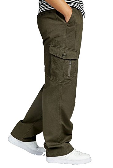 YGT Men's Full Elastic Waist Cargo Pants Lightweight Cotton Workwear Pants