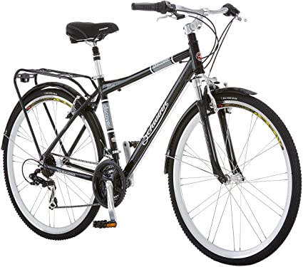 Schwinn Discover Hybrid Bikes for Men and Women, Featuring Aluminum City Frame, 21-Speed Drivetrain, Front and Rear Fenders, Rear Cargo Rack, and Kick-Stand, with 700c/28-Inch Wheels, Black and White