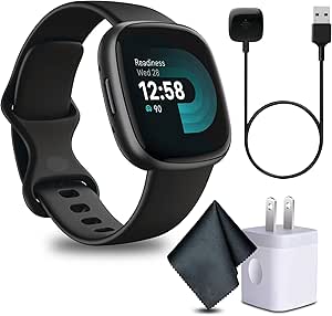 Fitbit Versa 4 Fitness Smartwatch with Daily Readiness, GPS, 24/7 Heart Rate, 40  Exercise Modes, Fit Bit Smart Watch for Men and Women Black/Graphite Bundle with Cleaning Cloth and Charger