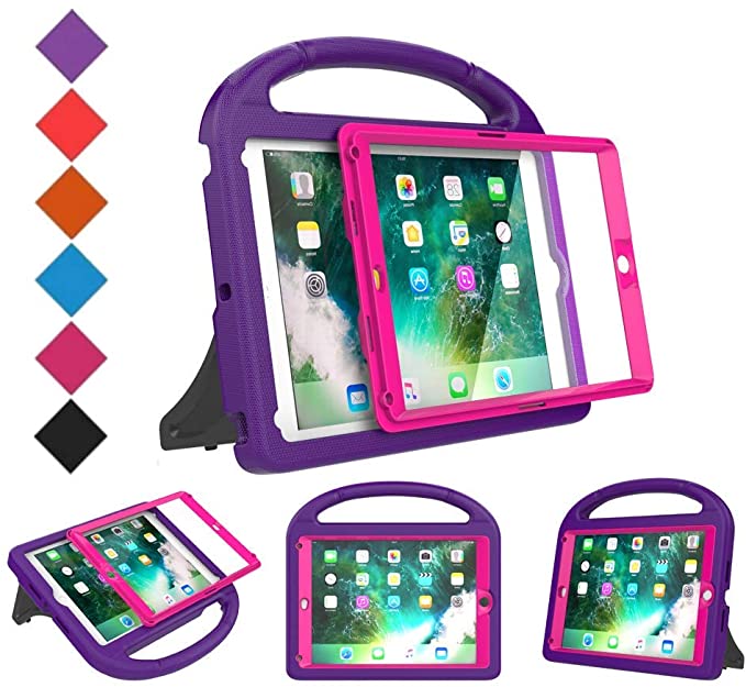 BMOUO Kids Case for New iPad 9.7 2018/2017 - Built-in Screen Protector Shockproof Light Weight Handle Convertible Stand Case for iPad 9.7 Inch 2018 (6th Gen) / 2017 (5th Gen) - Purple/Rose