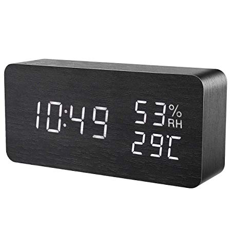 ORIA LED Alarm Clock, Digital Wooden Clock, Multi-Function Alarm Clock, 3 Separate Alarm, Voice & Touch Activated, Temperature, Humidity and Date Display, 3 Adjustable Brightness, USB/Battery Powered