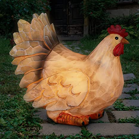 Exhart Solar Chicken Garden Statue – Hand Painted White Hen Resin Statue w/Solar LED Lights - Solar-Powered Hen Decor, Best as Resin Outdoor Decor for Garden, Yard, Patio or Kitchen Decor 9”