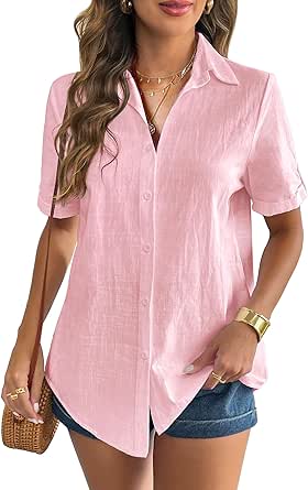 Zeagoo Women Linen Button Down Shirt Rolled Cuffed Short Sleeve Blouse Ladies Summer Casual V Neck Beach Cotton Tops