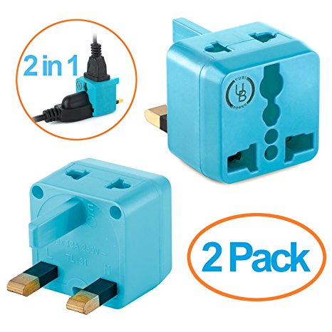 USA to UK Plug Adapter by Yubi Power 2 in 1 Universal Travel Adapter with 2 Universal Outlets - Light Blue 2 Pack - Type G for United Kingdom, England, Hong Kong, Ireland, Scotland, and more