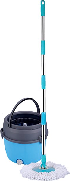 MopDash© Space Saving "Extreme" Spin Mop and Bucket, No Foot Pedal Needed. With Extra Mop-Head and Scrub Brush Included. (Plastic)