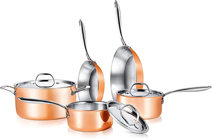 NutriChef 8-Piece Kitchenware Pots & Pans Set Stylish Kitchen Cookware with Cast Stainless Steel Handle, Tri-Ply Authentic Coppe, 8 Sizes, Copper