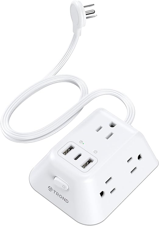 TROND Flat Plug Power Strip - 5ft Thin Flat Extension Cord with 5 Widely-Spaced AC Outlets, 2 USB A and 1 USB C, 1440J Surge Protector, 3-Sided Wall Mount for Home Office Dorm Room, White