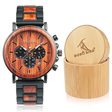 BOBO BIRD Men’s Casual Wrist Watch, Wood & Stainless Steel Watch with Luminous Pointers, Classic Analog Watches with Gift Box