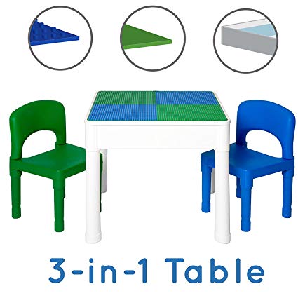 Play Platoon Kids Activity Table Set - 3 in 1 Water Table, Craft Table Building Brick Table Storage - Includes 2 Chairs 25 Jumbo Bricks - Blue & Green