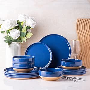 AmorArc Stoneware Dinnerware Sets for 4, 12 Pieces Handpainted Plates and Bowls Set with Wavy Rim, Chip and Scratch Resistant Dishes set, Dishwasher & Microwave Safe, Royal Blue