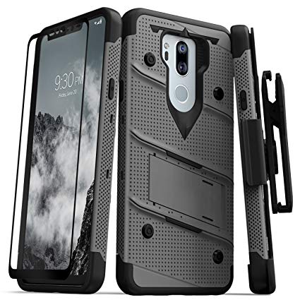 Zizo Bolt Series Compatible with LG G7 ThinQ Case Military Grade Drop Tested with Tempered Glass Screen Protector, Holster, Kickstand Metal Gray Black