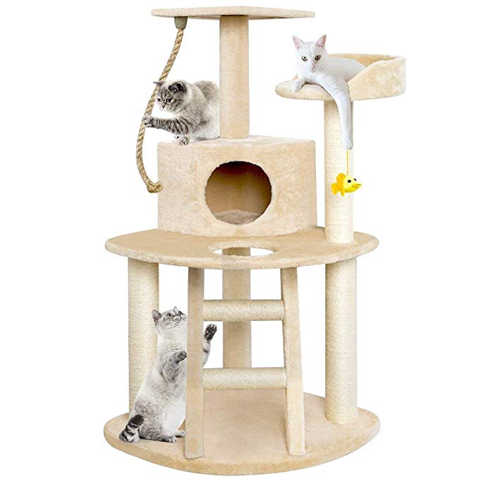 BEAU JARDIN Cat Tree Condo Furniture Scratcher 36” / 47.5” Cat Activity Tree with Scratching Posts Beige Heavy Duty Cat Tower Kitten Pet Play House Kitty Climber Play Toy Tabby Perch Condos