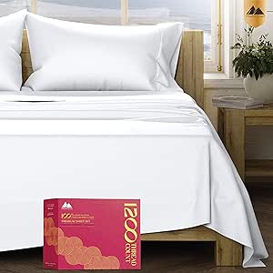 Mayfair Linen 5-Star Hotel Quality 1200 Thread Count 100% Supima Cotton Sheets for Queen Size Bed, 4 Pc Bright White Premium Cotton Sheet Set, Sateen Weave with Elasticized Deep Pocket