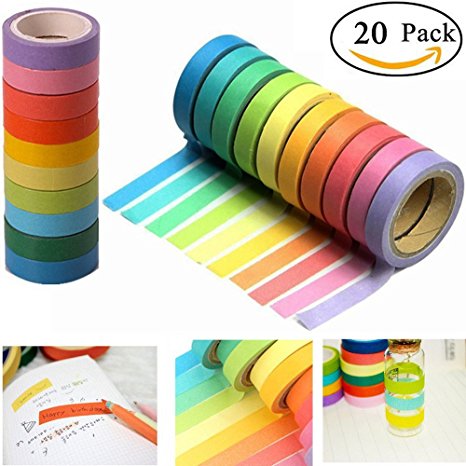 SACKORANGE Washi Tape, Decorative Diy Tape Washi Rainbow Candy Color Sticky Paper Masking Adhesive Tape Scrapbooking and Phone Diy Decoration, 20 Rolls