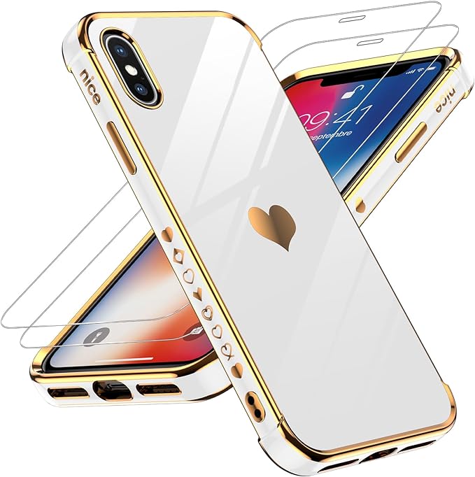 LeYi for iPhone X Case iPhone Xs Case: with Tempered Glass Screen Protector [2 Pack]   Full Camera Lens Protection,Love Heart Plating Women Cute Luxury Soft TPU Shockproof for iPhone X/XS Case, White