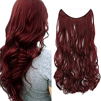 iLUU Wine Red Secret Halo Flip in Synthetic Hair Pieces 24" 100g Natural Hairpiece Long Curly Wavy Body Wave Heat-resisting Friendly Fiber Fash Line Hair Extensions with Invisible Wire 99J#