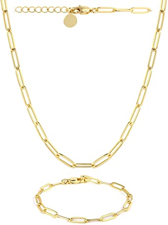 14K Gold Plated Dainty Paperclip Link Chain Necklace with Bracelet Set for Women Girls(14in 7in) (14) (Gold, 14)