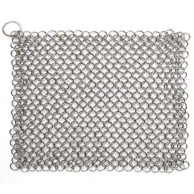 Cast Iron Chainmail Scrubber, A Selected Ultimate Solution for Cleaning (Pre)Seasoned Cookware - XLarge, 8x6 Inch, Handcrafted from Stainless Steel