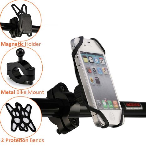 [2016 1ST MAGNETIC Bike Phone Holder Mount] eLander Extremely Powerful Magnet Holder, Metal mount, Rubber Strap, For iPhone 4/5/5s/5c/6/6s/6 Plus, Samsung Galaxy S7/S6/S5/S4/S3, Google Nexus