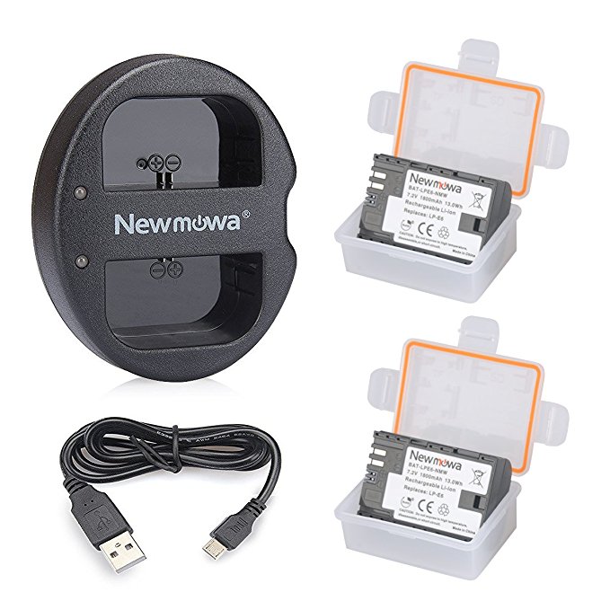 Newmowa LP-E6 LP-E6N Battery (2 pack) and Dual USB Charger for Canon LP-E6, LP-E6N and Canon EOS 5DS R, EOS 5DS, EOS 5D Mark IV, EOS 5D Mark III, EOS 5D Mark II, EOS 6D, EOS 7D, EOS 7D Mark II, EOS 60D, EOS 60Da, EOS 70D,EOS 80D