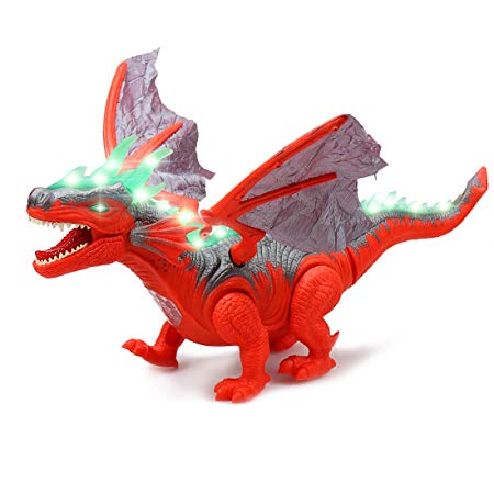 WonderPlay Walking Dinosaur Toy Swing Wings Figure with Lights and Sounds Realistic Triceratops Fiery Dragon Kids Toys Battery Operated