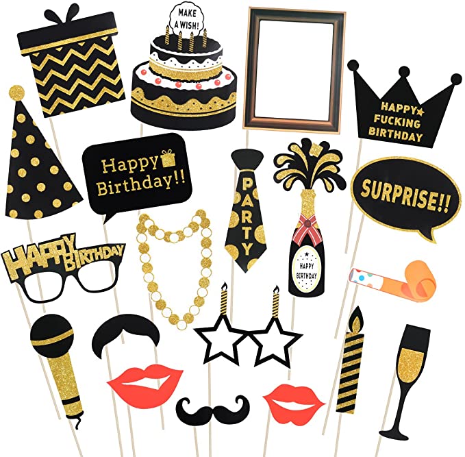 LUOEM Birthday Photo Booth Props Glitter Birthday Photo Props Birthday Supplies for 16th 30th 50th 60th Birthday Decorations, Pack of 20